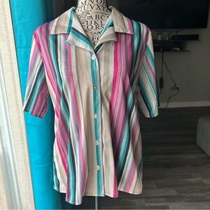 Blair Boutique Striped Button Up Retro Y2K Satiny Soft Teal/Pink/Cream/white L